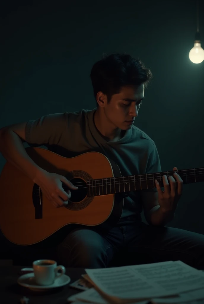  A young man sitting in a semi-dark room ,  illuminated only by a faint light that falls from a hanging lamp or a nearby window.  You are playing an acoustic guitar ,  his fingers gliding gently over the strings .  His face reflects a deep sadness ,  with ...