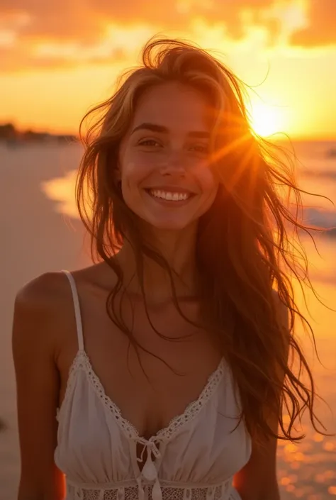 Beautiful women. Smile. Beach. Sunset.