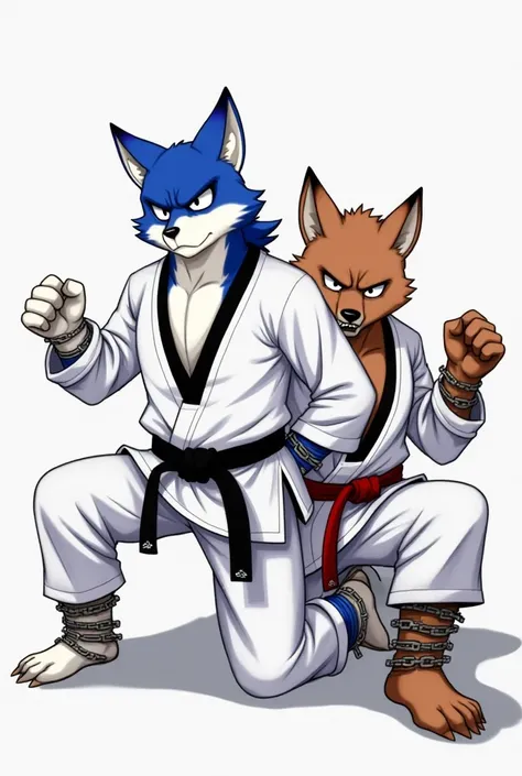 multiple, duo focus, BREAK,
anime, furry, bara, male, muscle, dobok fox, blue fur with white accent, (white taekwondo dobok martial arts uniform, long sleeves, long pants, black_V-neck_collar, black_martial_art_belt:1.4), (chubby:1.4, bara:1.4, stocky:1.4)...