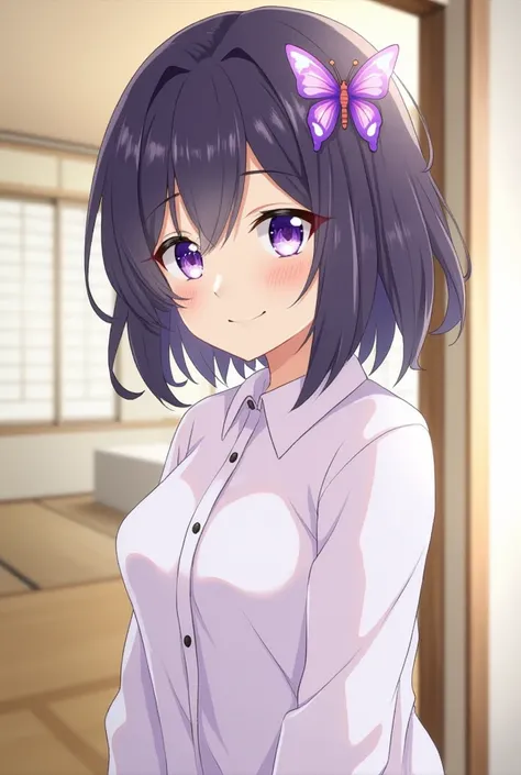 with_ shinobu, 1 , Kocho  shinobu,  butterfly hair ornament, one, hair ornament,   purple hair,  multicolored,  purple eyes ,  black hair, withm camisa, withm sutiã, withios, sorriso withdutor, I look at the viewer,  blurred background, in the room, Japane...