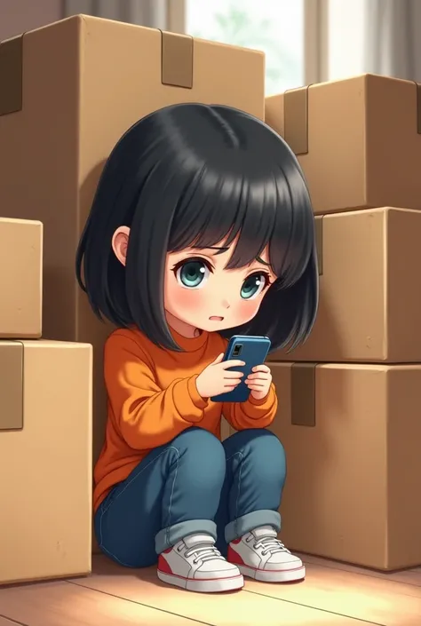  I would like an image with a black haired chibe anime style with an orange blouse, jeans and sneakers,  MESSING WITH THE CELL PHONE , with some boxes of orders around her 