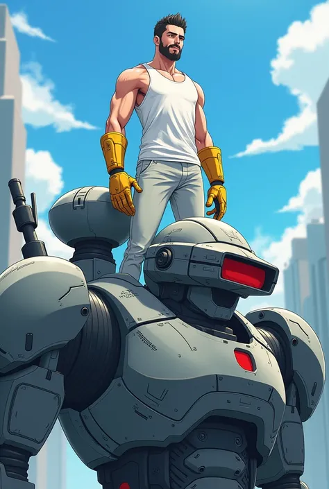 Hombre con pequeña barba en su menton

 without mustacheS !!!

without mustache !!!

without mustache !!!

 dressed in a sleeveless t-shirt white pants on top of a full gray technological armor including a case with a red optical viewfinder with an antenna...