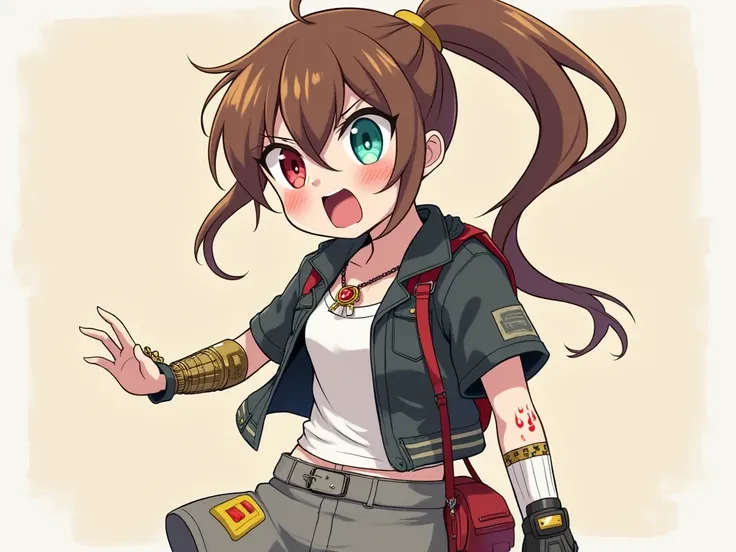 Anime scared screaming tomboy brown ponytail hair right eye covered by red orange yellow highlights in her hair green left eye blue fire charm necklace with ruby black short sleeve short motorbike jacket white tube top busty gold prosthetic right forearm b...