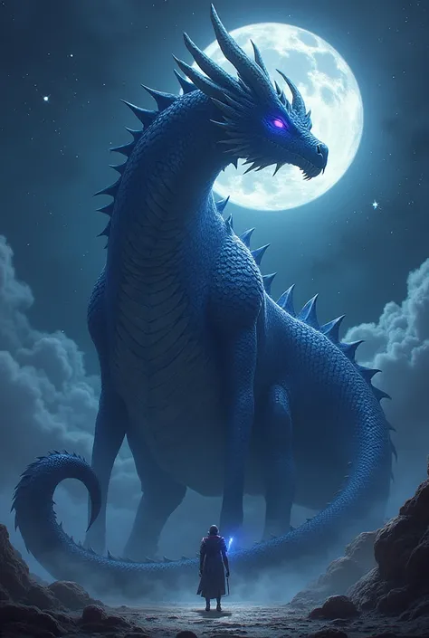 Night dark blue dragon with scorpion tail two longer and two shorter horns, silver eyes and 20-25 meters high