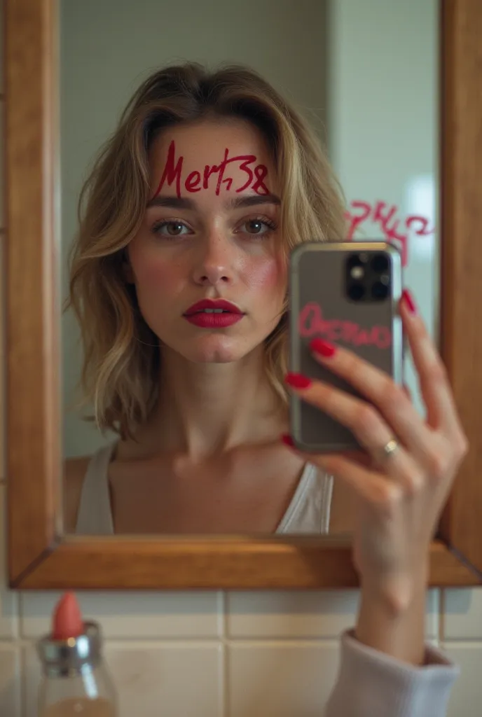 Semiha bezek shows Mert 58 lettering written in the mirror with lipstick while taking a selfie in the bathroom