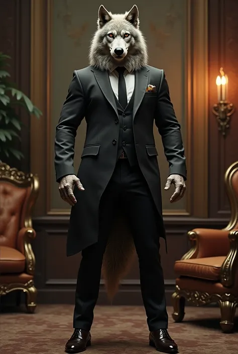 A wolf with a human body, muscle and strong, wearing a beautiful suit in a luxurious setting