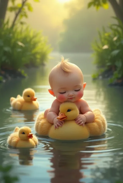 A real baby is sitting on a duck and the mother duck is swimming in the river.