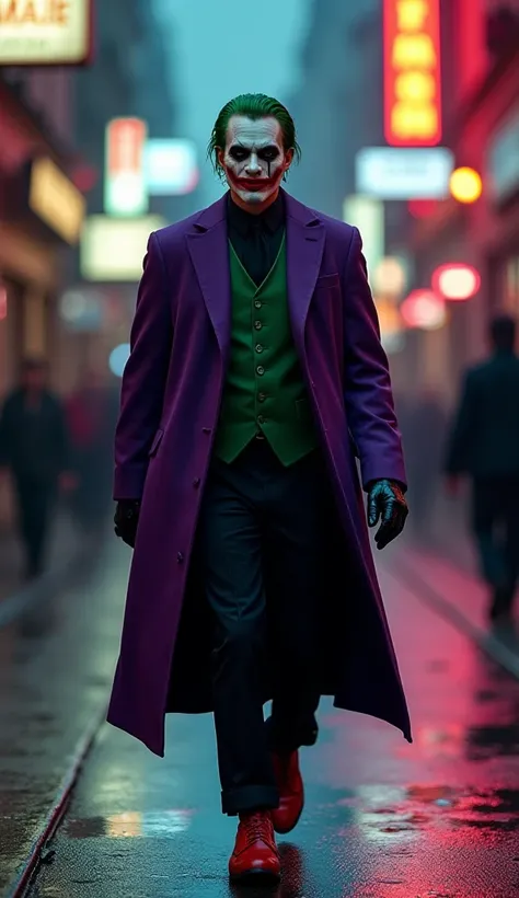 “A prety little new born baby walks down a paris fashion week catwalk, dimly lit urban alley, illuminated by flickering neon signs. He wears a long, tailored purple coat over a green vest and dark shirt, exuding an air of eerie confidence. His face is pain...