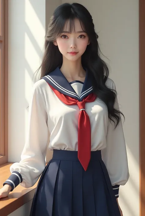 Pretty Korean girl, 20 years old, perfect body, big breast, wearing school uniform