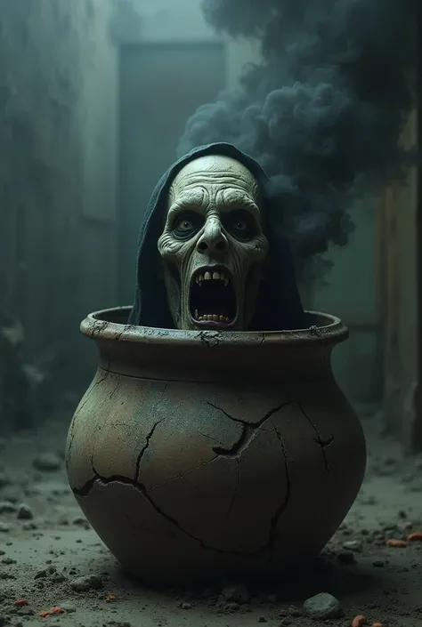 A broken pot is shown, from which a scary face emerges along with black smoke.