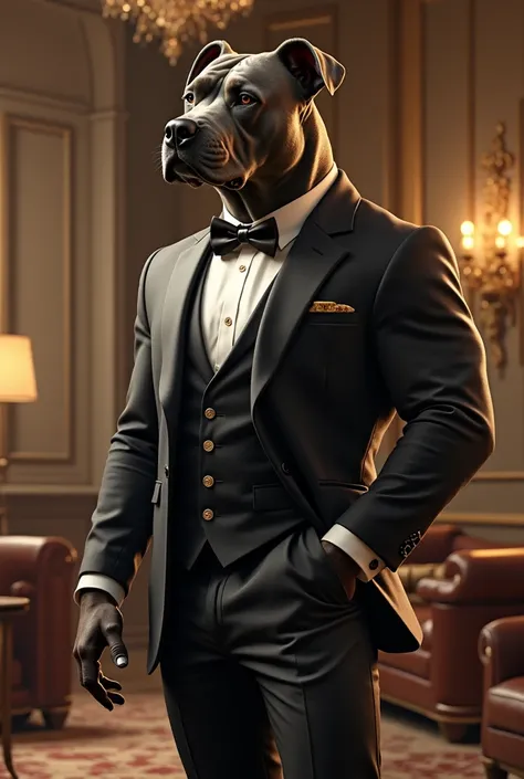 A pitbull with a human body, strong and muscular, wearing a beautiful suit in a very luxurious place