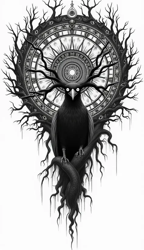 Endless mandala and hell tree, hell raven. In black and white,   tattoo sketch.