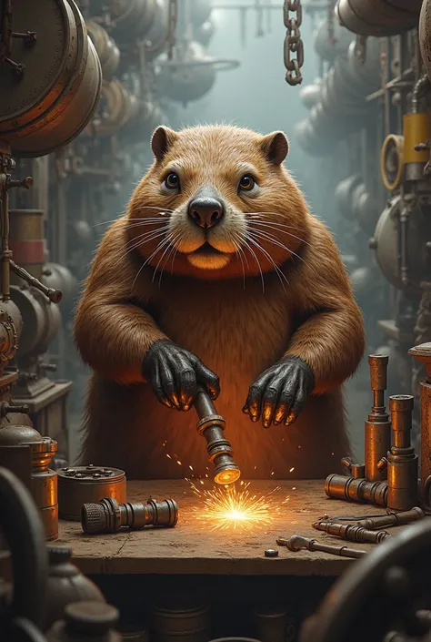 create a photo of a beaver in the war shop