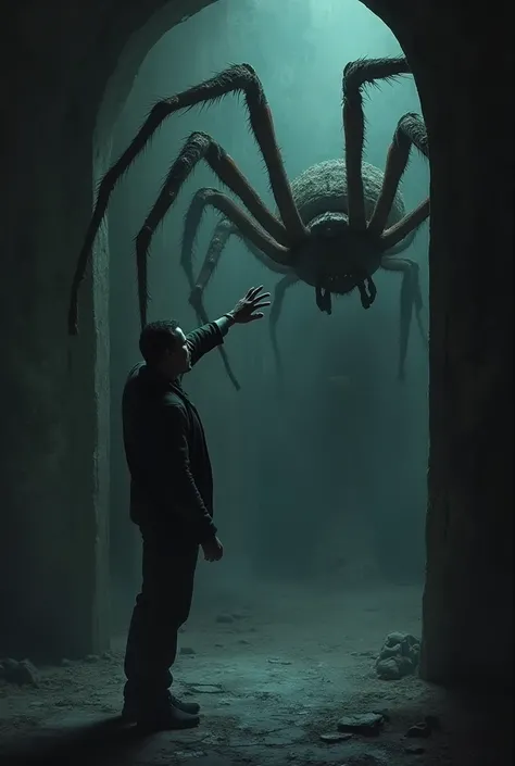 The man reaches out his hand to inspect an unidentified object. Suddenly, a large spider
