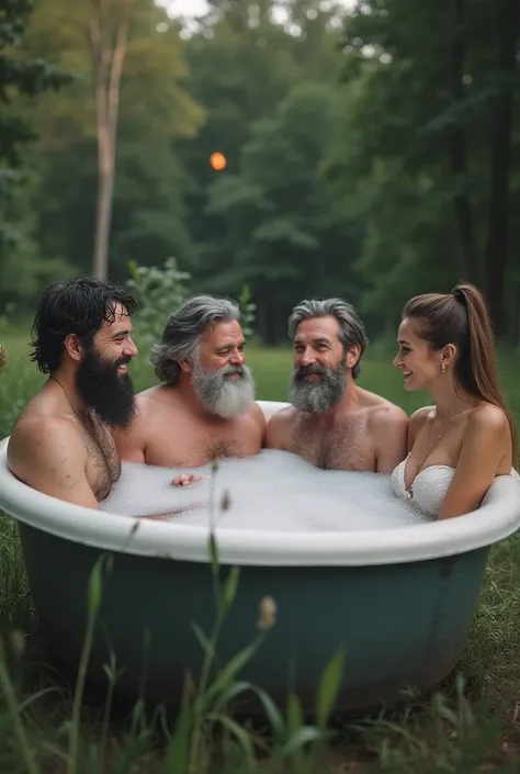  Take a photo of four people sitting in a bubble bath in a large outdoor tub.  The tub stands in front of a forest in the middle of the meadow. The people are : 1.  A strong man around 50 years old with medium-length black / gray tousled hair , scars on th...