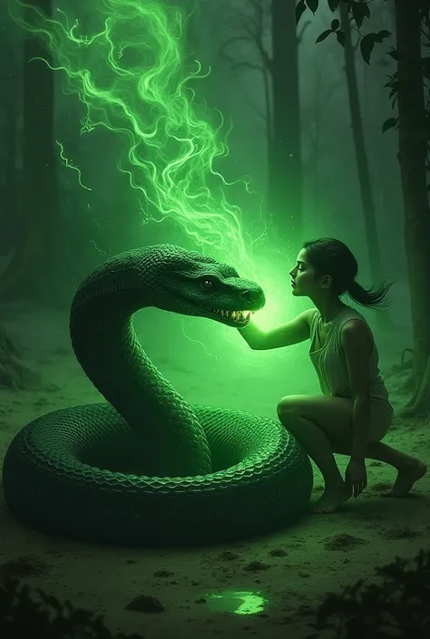 A bite from a poisonous snake unleashes a green, pulsating energy ,  that weakens the victim .