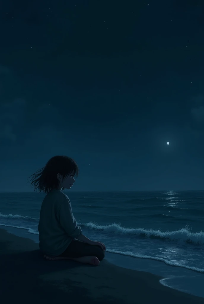 A lonely girl sitting by the beach in the dark of night