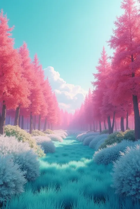 Background of a pink forest with turquoise grass and turquoise sky