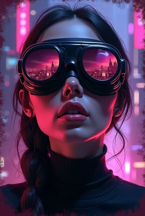 A cyberpunk portrait of a mysterious woman wearing futuristic black goggles that reflect a glowing, fiery deep purple cityscape. Her skin has a smooth, metallic sheen with a dark, moody color palette. The edges of the image have a painterly, grunge texture...