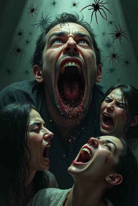 his mouth. His companions scream as more spiders emerge, biting them one by one. A woman