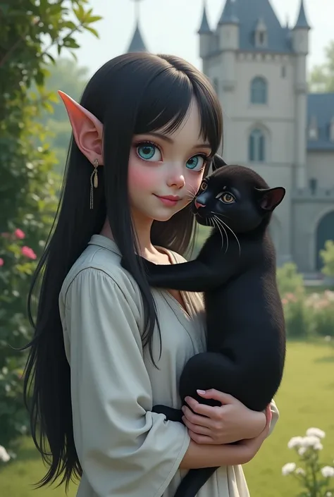 a  girl with almost pale white tea,  slightly pointed ears ,  straight black and long hair ,  blue eyes, white linen clothes, playing with a baby black panther in the garden with a medieval castle in the background