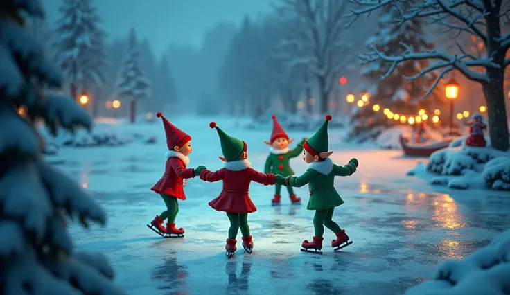 View from above, frozen lake, Santa's little elves dance a waltz on ice skates on an icy lake, dressed in green and red, sly and mischievous, christmas night, 3D Pixar style, magical atmosphere, cinematic lighting, vibrant colors, highly detailed, 4k, phot...