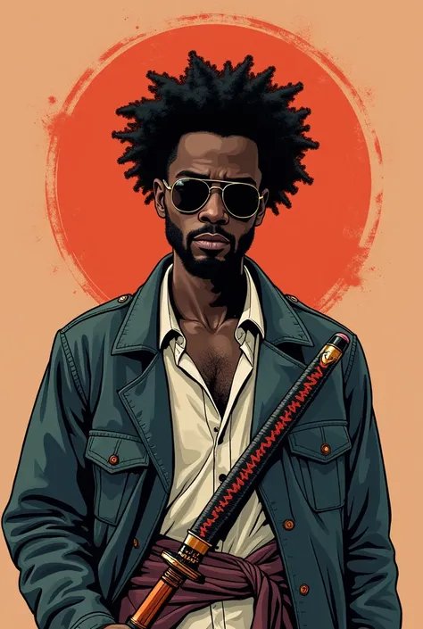 A black psychologist, Make him look like a rapper Gansta, But what about the vibe of being cheerful and a great person, But in drawings, Something cool like Afro Samurai, With a psychologist's couch,  the symbol , Instead of Katana a pencil, something that...