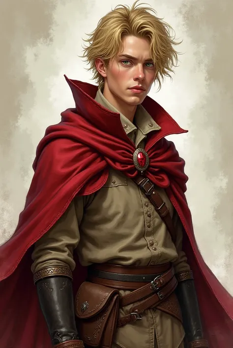 Create a detailed fantasy character illustration of a young rogue, 19 years old, with a more casual and daring demeanor. His blonde hair is slightly messy, styled with an effortless charm that complements his confident, laid-back attitude. His sharp green ...