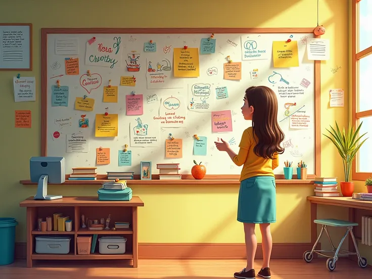  Suggested Illustration :  A colorful mural with pictures of ren, handwritten notes and drawings , symbolizing work carried out in a church ministry. An adult teacher next to the mural. whimsical 3D Pixar style. The background fades softly. COLORFUL,  to s...