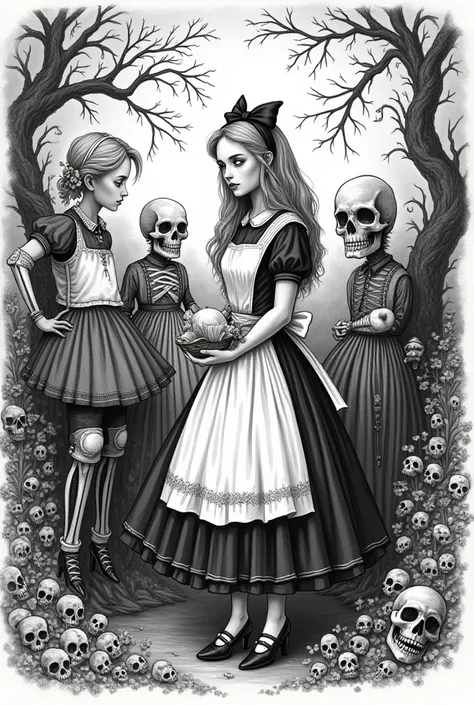 
Make an illustration of an image of Alice in Wonderland in black and white Gothic style with all the characters in the work that looks like a hand-drawn book illustration, make it as Gothic as possible, but without leaving The characters like skulls.