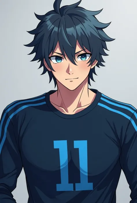 Generate an image of a man without a beard with dark grey-blue hair,  dark blue eyes, with a long sleeve black t-shirt with blue lines, inside a blue t-shirt with the number 11 in the blue lock anime style soccer not so happy