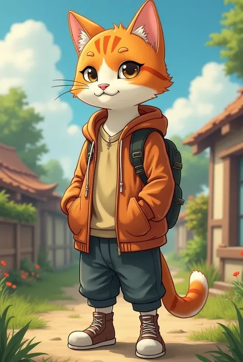 An orange-and-white humanoid anthropomorphic cat wearing casual clothing, standing tall in a peaceful rural village, wearing simple yet neat clothing, with a confident expression and a subtle glow in its eyes, hinting at a hidden strength.
``` [❶](code://p...