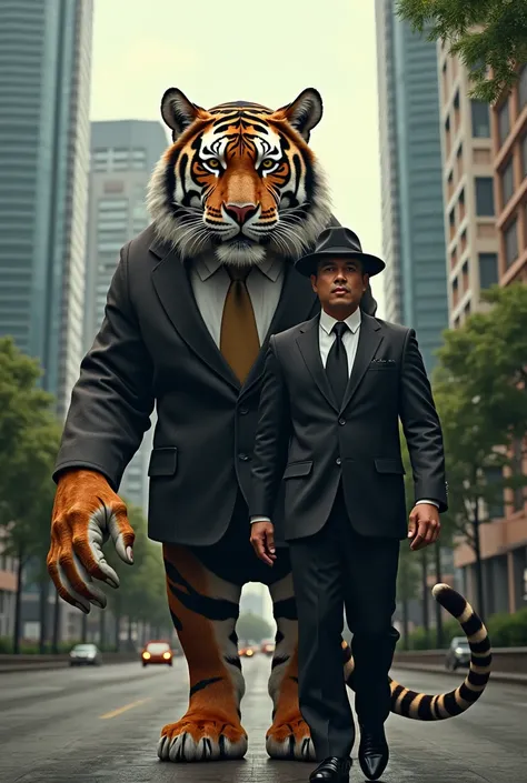 A mafia man wearing traditional Malaysian mafia attire, with a black suit, tie, and a songkok (traditional Malay hat), walks confidently in a Malaysian street. Beside him stands a giant Malayan tiger, the symbol of Malaysia, twice the size of the man. The ...