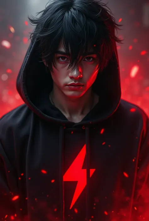  A 20-year-old man wearing a black hoodie with a secondary color red , black-haired , ojos de un and.X.and , un rayo rojo en el pecho bien marcado y una gran sonrisa de un and.X.and 