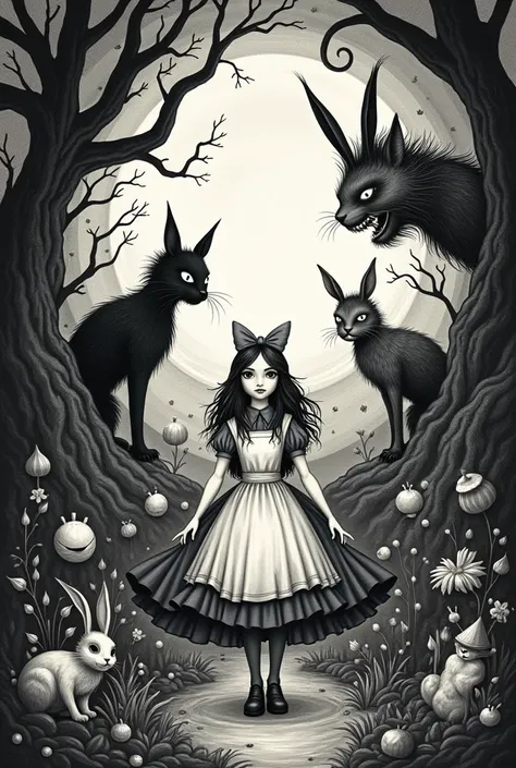 Make an illustration of an image of Alice in Wonderland in black and white Gothic style with all the characters in the work that looks like a hand-drawn book illustration 