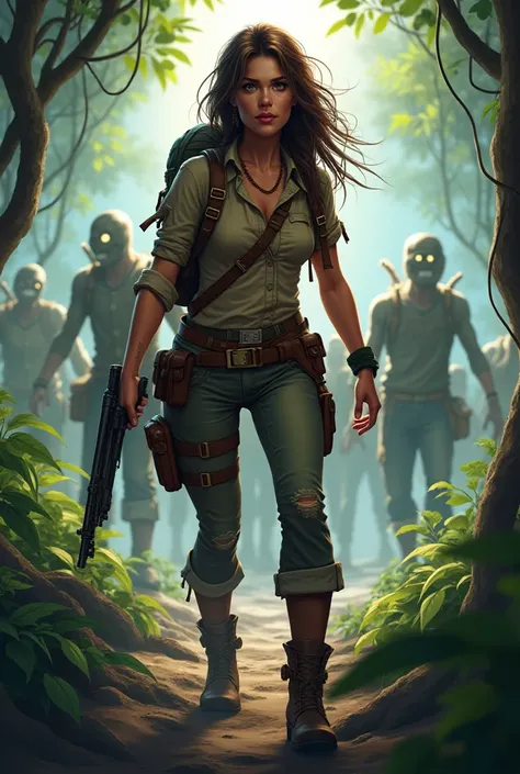 Female explorer hunting zombies realistic cartoon