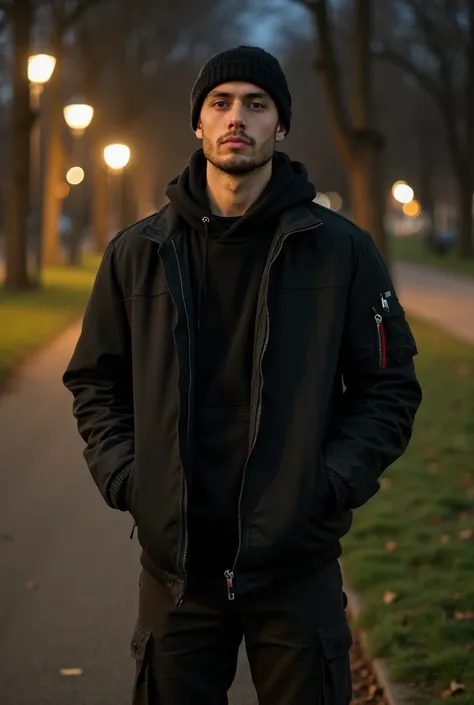 A 22-year-old tall ,  man with broad shoulders and a muscular build,  park background with a black jacket,  dark cargo pants by Carhartt . Beanie color black,  well-marked male features  .  Serene brown eyes  . retrato. Urbano. city. In a corner of the par...