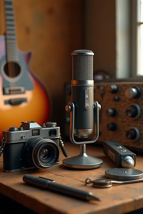 Old camera,electric guitar,microphone,drawing