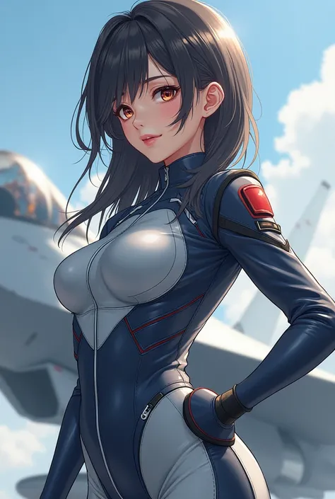 Sukhoi Su-35 Flanker-E personified as a semi-realistic young anime girl wearing the clothing of a fighter jet pilot mentioned above that fits her curves and has airplane features in her.