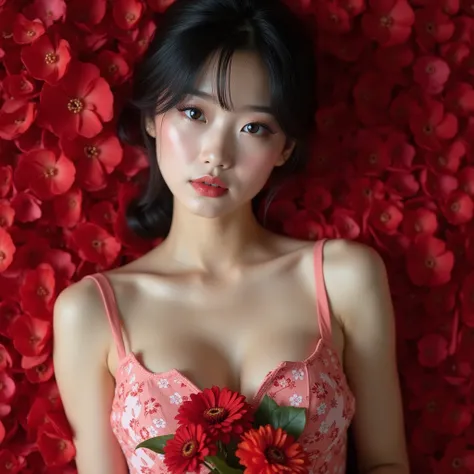 1 girl,korea face sexy girl , pale skin, innocent look,(large cleavage,Big tits),  Young face, hair undercut,NFSW,very beautiful Japanese, famous Japanese idol, 2, Mixture of Japanese and Russian, shows her beautiful body, lying on red petals and in the pe...