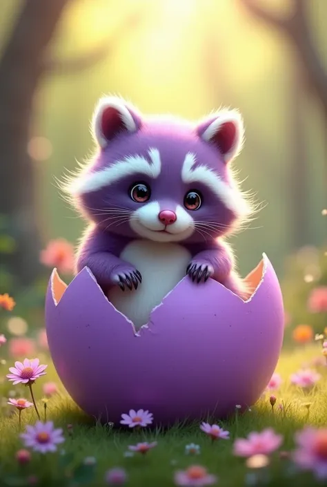 Create a chubby purple and white raccoon that comes out of a purple egg and is very adorable 