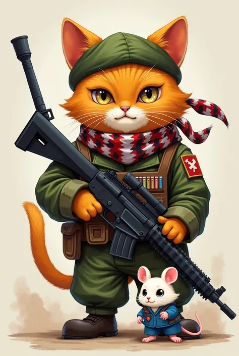 Orange cat with gun in hands in army uniform with green head band and red white black dot print neck scarf .There should be a double color mouse in white and blue color infront of that cat