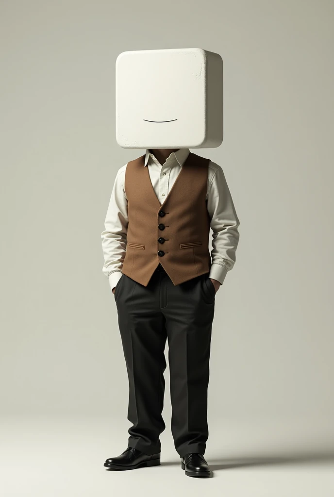 A white rectangular eraser, dressed in a brown vest and black pants, The clothes are tailor-made, That it has no life and that it is not a humanoid 