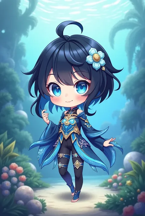 Make me a chibi character in Genshin Impact style with an outfit inspired by the sea with black hair and blue eyes