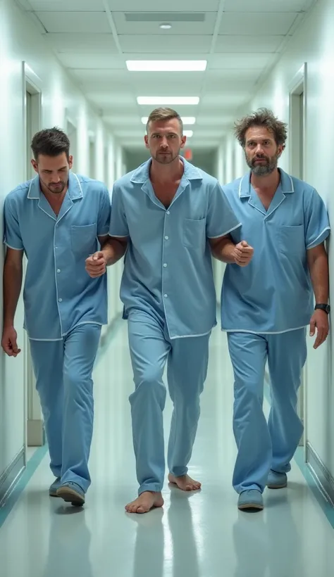 Three men being taken to a psychiatric hospital by two uniformed nurses in a white corridor, with light tiled floor and cold lighting. The first man is robust, with short hair and an aggressive expression,  wearing light blue pajamas . He is resisting whil...