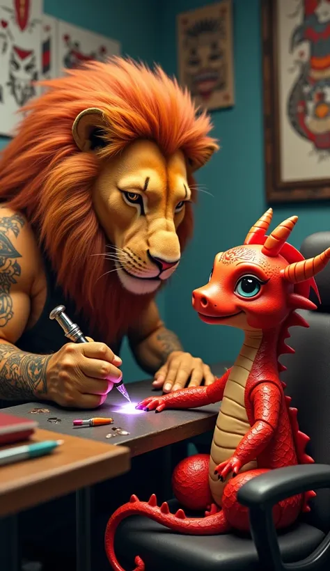 "A lion with a human tattoo artist's body, wearing a tattoo apron, is intensely focused as it tattoos the arm of a cute and friendly red dragon. The dragon has soft crimson scales, big expressive eyes, and small, adorable horns, giving it a whimsical and a...