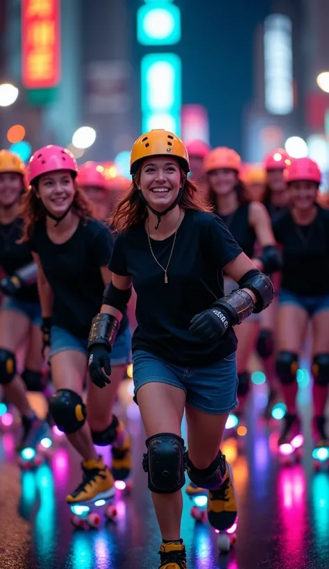 massive group of 24-year-old men and women smiling, pretty-faced group , using skates, black t-shirts, bright luminous helmet and protections , brightly colored wheels , Invading the city at night