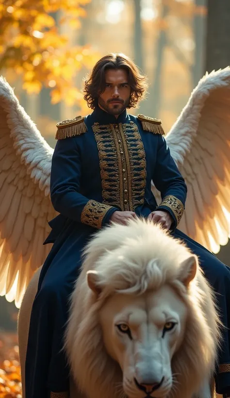 "A majestic prince with wavy brown hair and a confident gaze, dressed in a royal navy blue military-style jacket with gold embroidery, riding a massive, mythical white lion with large angelic wings. The setting is a mystical autumn forest with golden leave...