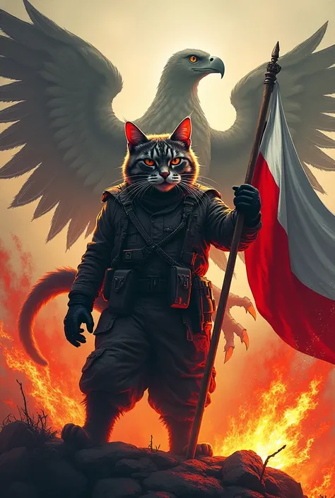 create a propaganda poster with polish angry cat solider burning lgbt flag in the background of polish white crowned eagle 