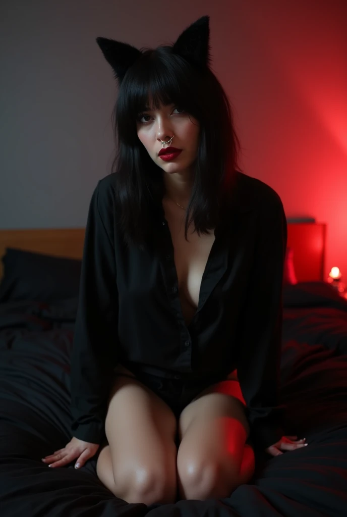 Alt/emo Girl on a bed on her knees with black hair wolfcut and all black shirt that reaches past her waist, a bull nose ring, with a suductive face,thick thighs and medium boobs, and a decently large bum, pale caucasian black masacra, dark red lip stick, i...